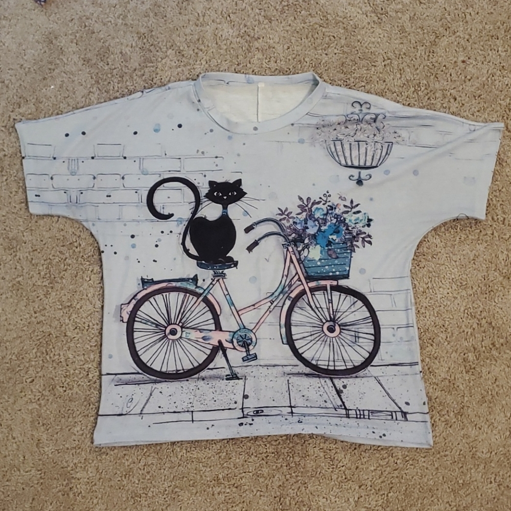 Cute Cat on Bicycle Watercolor Tee